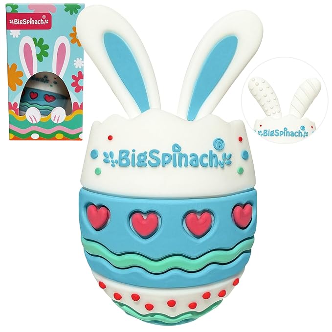 BIGSPINACH Easter Egg Baby Teether,Baby Teething Toy for Pain Relief,Silicone Bunny Rabbit Teether,Easter Gift for Babies,Sensory Toy for Boys & Girl (Baby Blue)