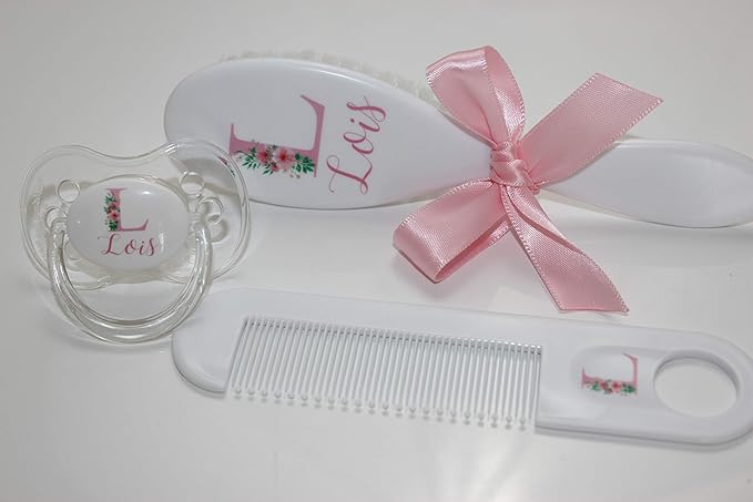 Personalized Baby Gift - Baby Brush, Comb & Pacifier - Suitable for Ages 0-3 Years, New Baby Gift - Pink Floral