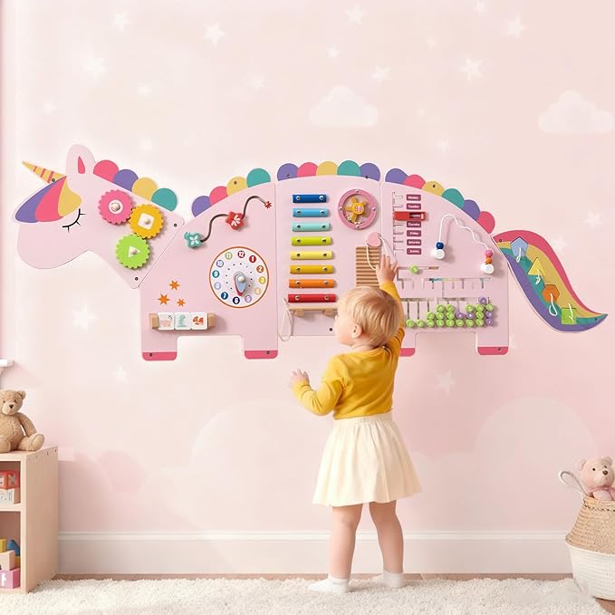 Olakids Sensory Wall, 11 in 1 Wooden Montessori Busy Board Panel Toddler Wall Mounted Activity Center Educational Toys Learning Gift for Boys Girls (Cherry Unicorn)