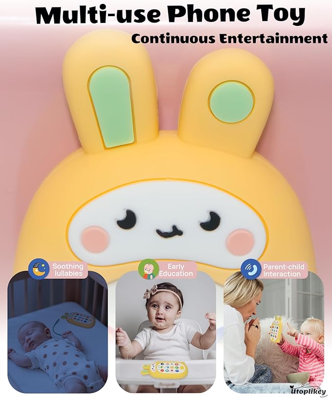 Baby Cell Phone Toy with Teething Silicon Mobile Phone Shell, Sensory Comfort Toys with 12 Learning Modes & Soothing Lullabies, Gift for Toddler Infants Baby Shower Birthday (Yellow Bunny)