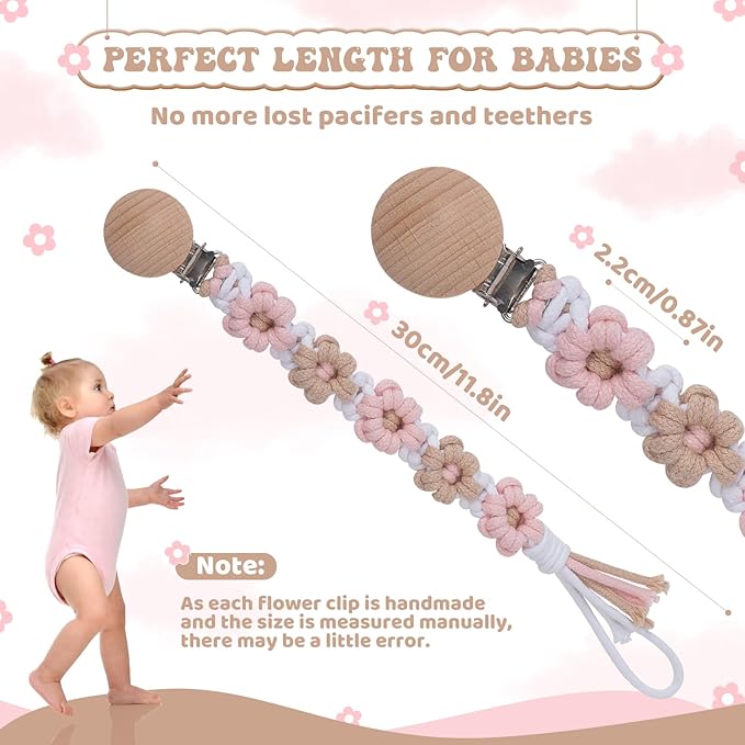 Pacifier Clip for Boys Girls Floral Daisy Macrame Baby Paci Clip Pacifier Holder Leash Boho Wooden Clips Handmade Braided Cotton Binky Clips (2pack:Khaki Style × 2)