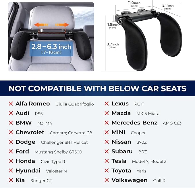 Adjustable Car Headrest Pillow, Road Pal Neck Support, Memory Foam U-Shaped Travel Sleeping Pillow for Kids & Adults, Head Neck Support for Car Seat Head Rest with Poles, Black