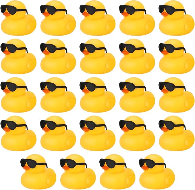 24 Set Mini Rubber Ducks with Sunglasses, Tiny Rubber Ducks Bulk for Car Dashboard Decorations Cruise Birthday Party Favors (Yellow)