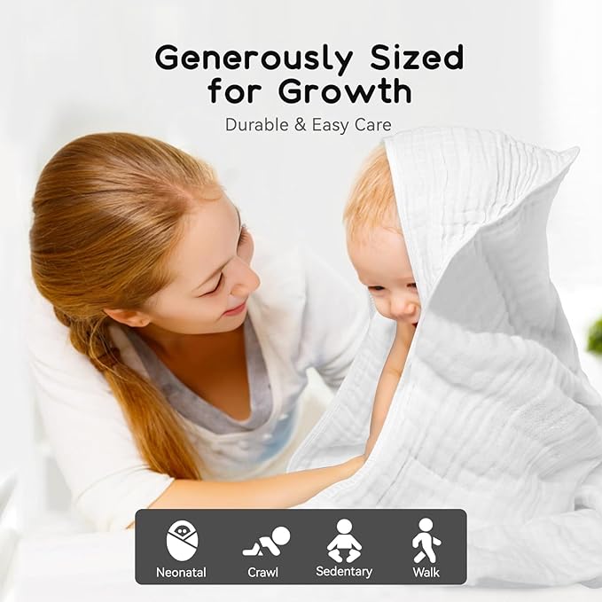 Baby Hooded Towels for Babies and Toddlers, Muslin Baby Bath Towel Soft and Absorbency for Boys and Girls (Pure White 1 Pack)