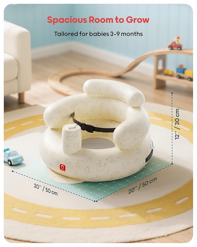 QPAU Inflatable Baby Seat with Safety Harness for Babies 3 Months & Up, Baby Floor Seats for Active Play, Blow Up Baby Chair with Built in Air Pump (Dinosaur)