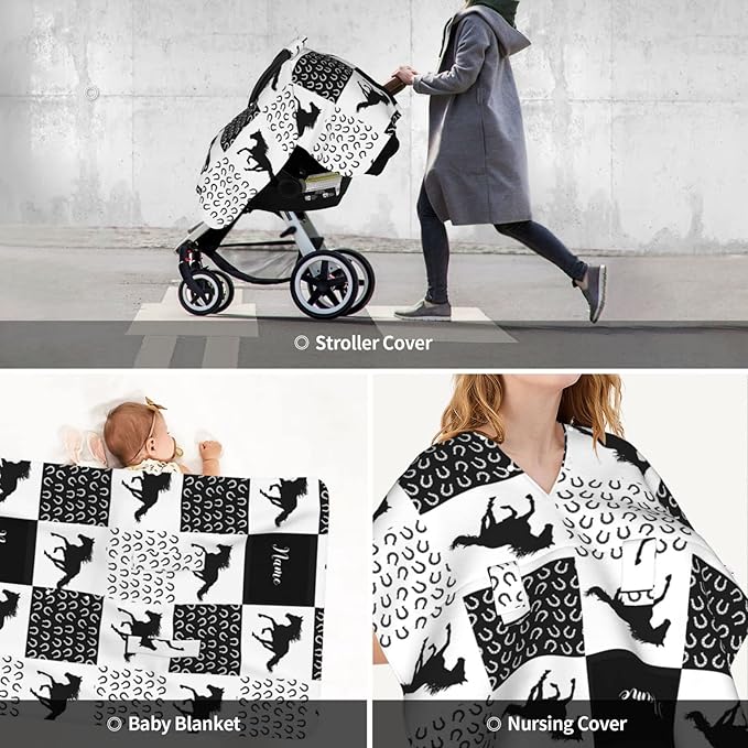 Personalized Running Horses Baby Car Seat Canopy for Babies with Name, Custom Horseshoes Car Seat Covers for Boys Girls, Peekaboo Opening Minky Nursing Cover Infant Car Seat Canopies for Newborn