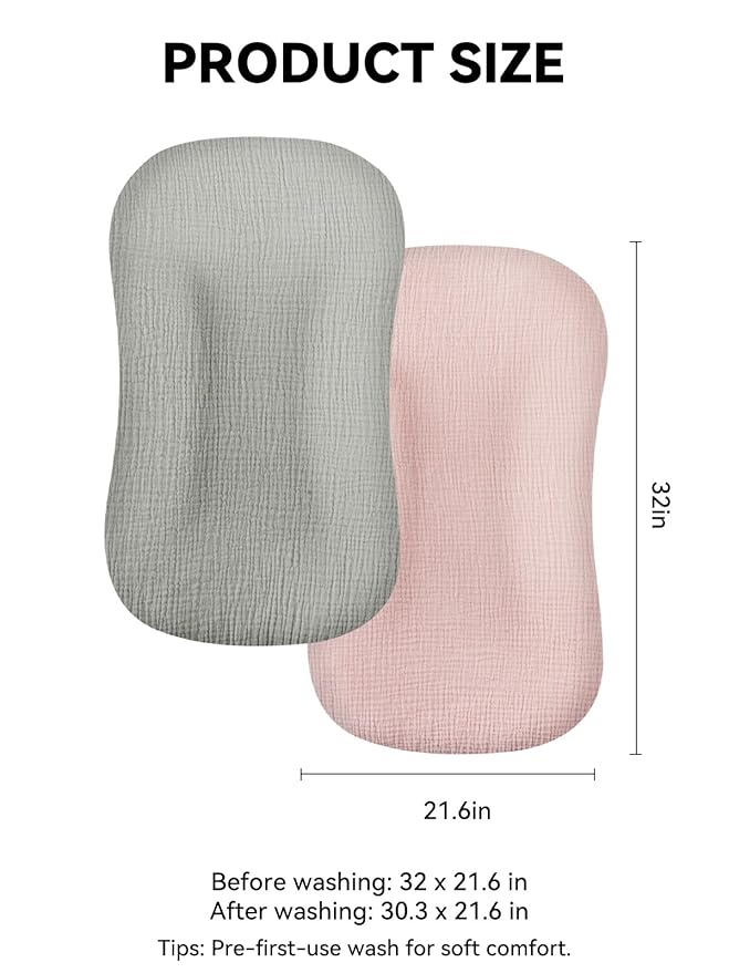 TILLYOU Muslin Baby Lounger Cover, 100% Cotton Newborn Lounger Cover, 2 Pack Baby Nest Slipcover for Boys Girls, Cover Only, Grey and Pink