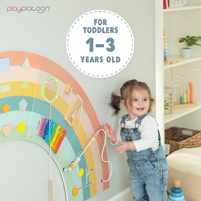 Play Platoon Kids Sensory Wall Panel, Activity Wall Busy Board Toys for Toddlers 1-3, Sensory Board - 64x32 inch Neutral Wooden Rainbow with 11 Activities for Montessori Playroom