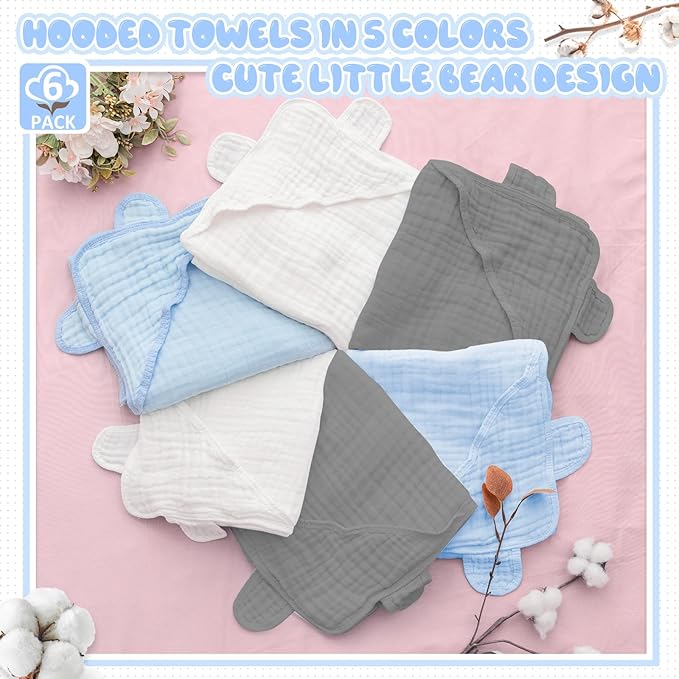 Preboun 6 Pcs Muslin Baby Hooded Towels Cotton Absorbent 6 Layers Cute Bath Toddler Towels for Newborn Kids Girl Infant Boys Toddler Shower Gift Supplies (Grey,Blue,White)