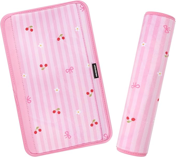 2 Pcs Plush Universal Seat Belt Cover Pad - 2-in-1 Soft Bag Handle Sleeve, Skin-Friendly & Breathable, Machine Washable, Cute Designs for Men Women Kids Car Accessories, Cherry Bow