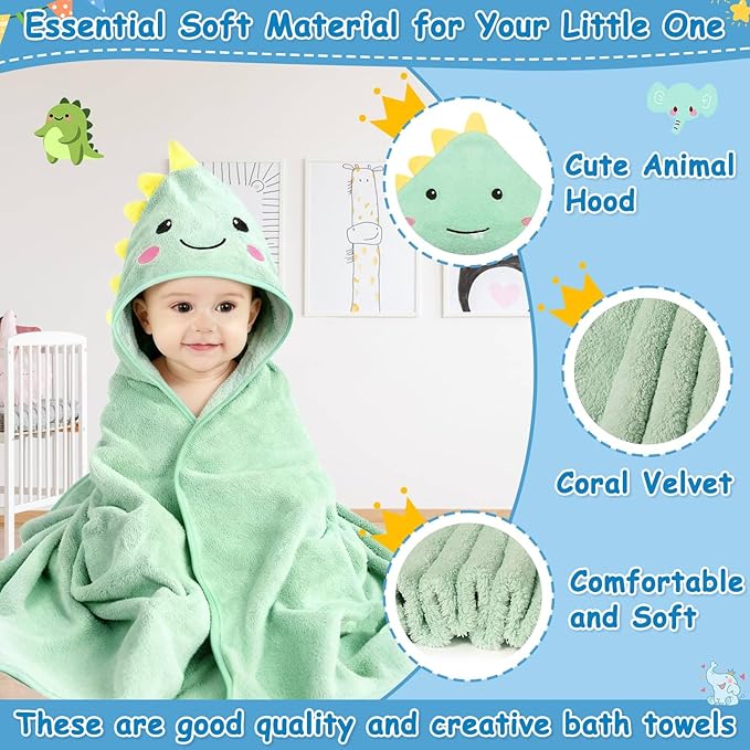 Sublaga 8 Pcs Baby Towel and Washcloths Set, Soft Baby Towels, 2 Pcs 32x32 in Cute Baby Towel with Hood and 6 Pcs Baby Washcloths for Infants, Toddlers and Kids (Green Elephant & Dinosaur)