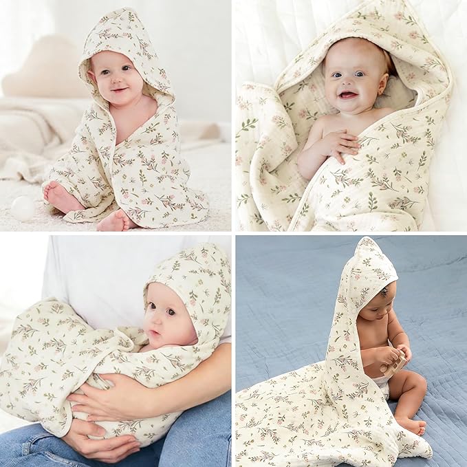 Cinaci 1pc Soft & Absorbent 100% Muslin Cotton Baby Hooded Bath Towel for Baby Girls Boys Newborns Infants Toddlers Kids (Floral Cream)