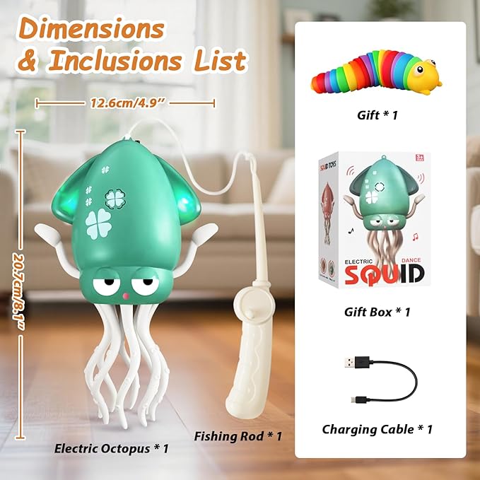 Electric Dancing Octopus Toy, Automatic Obstacle Avoidance Crawling Squid - Lights, Music, Crawling & Fishing Rod Play Fun Chase Toy for Kids Boy Girl Birthday Gifts (Green)