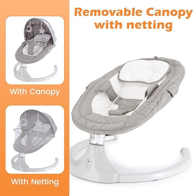 Baby Swing for Newborns 0-6 Months, Electric Infant Swing with Bluetooth & Remote Control, 5-Speed Portable Rocker with 12 Soothing Lullabies, 3-Point Widened Harness, ASTM Certified