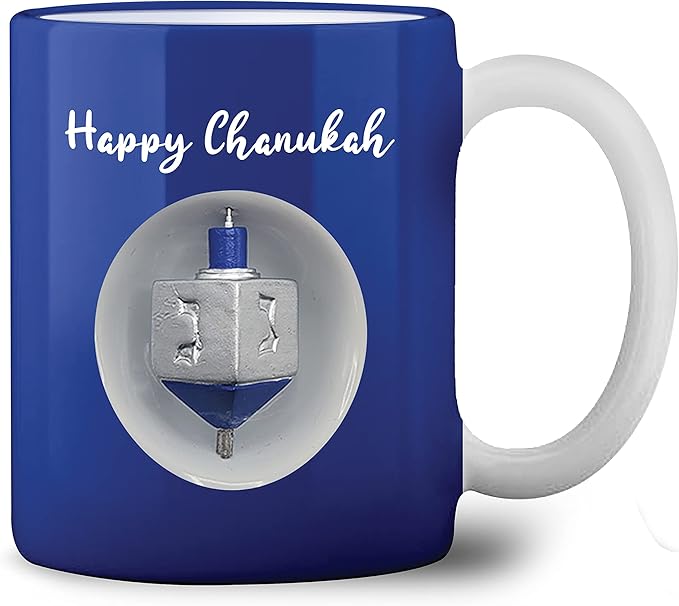 Ner Mitzvah Spinning Hanukkah Dreidel Mug - Happy Hanukkah Decorations - Blue & White Hanukkah Party Favors Idea