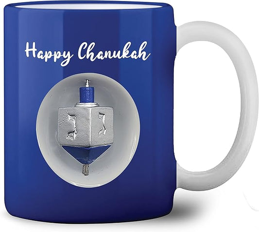 Ner Mitzvah Spinning Hanukkah Dreidel Mug - Happy Hanukkah Decorations - Blue & White Hanukkah Party Favors Idea