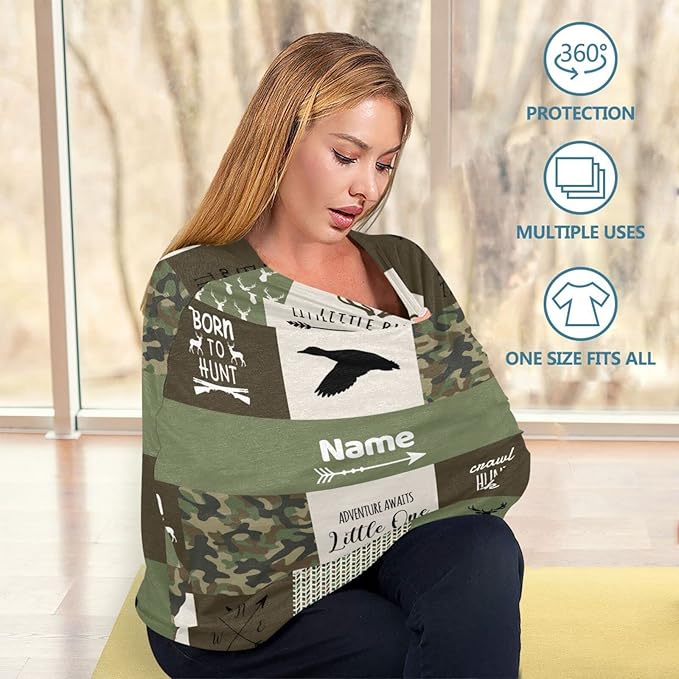 Personalized Baby Car Seat Cover for Boys Girls, Custom Nursing Covers for Breastfeeding with Name, Infant Stroller Cover, Baby Carseat Canopy for Newborn, Multiuse Car Seat Canopies, Deer and Hunting