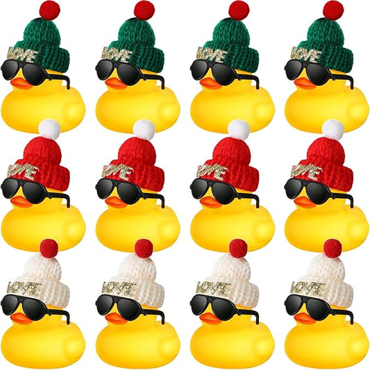 Chivao 12 Pcs Mini Rubber Ducks with Sunglasses/ Glasses and Hats/ Necklace, Cruise Rubber Ducks in Bulk Valentine Gift Small Bathtub Toy for Hiding Party Favor(Love Style,Yellow)