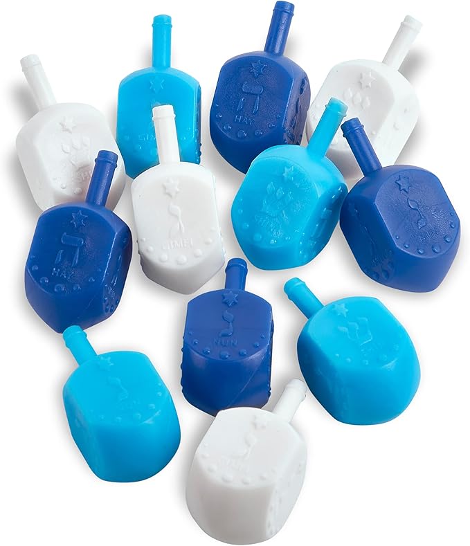 Zion Judaica Hanukkah Dreidels Multi Blue, White Medium Size Dridels Bulk Plastic Drydlech Hebrew Letters and English Transliteration Includes Traditional Chanukah Game Guide Ziplock Bag Hanuka Fun