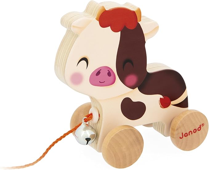 Janod - Wooden Ride-On Cow with Bell - Pull-Along and Push-Along Toy - Motor Skills & Imagination Training - 50cm String Suitable for Small Hands - from 12 Months, J03324