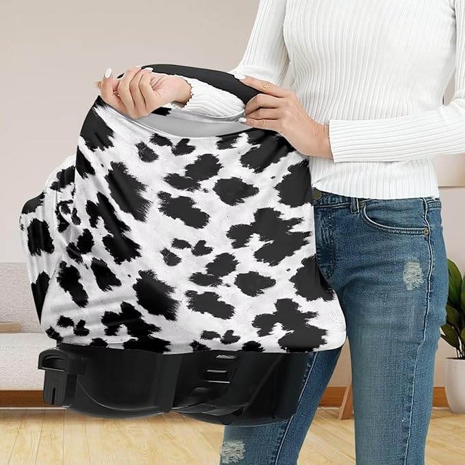 Wanyint Black White Cow Print Infant Car Seat Cover, Baby Carseat Scarf Stretchy Nursing Scarf Car Seat Canopy Breathable Nursing Cover for Boys Girls