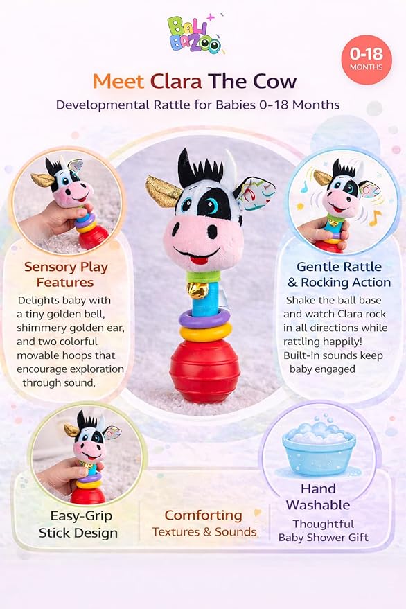 Balibazoo Clara The Cow Baby Rattle – Soft Plush Infant Stick Rattle Toy with Easy-Grip Handle, Golden Bell & Movable Hoops | Developmental Toy for Babies 0-18M