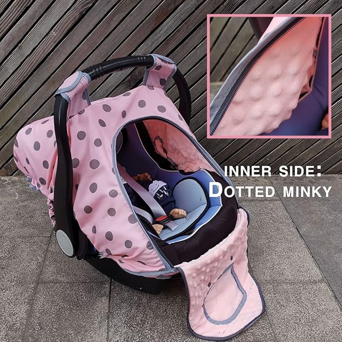 Carseat Cover Girls, Baby car seat Covers for Infant car seat, Baby Carrier Cover Canopy, Window in Door Zipper Open, 2 Layers, Pink dots;