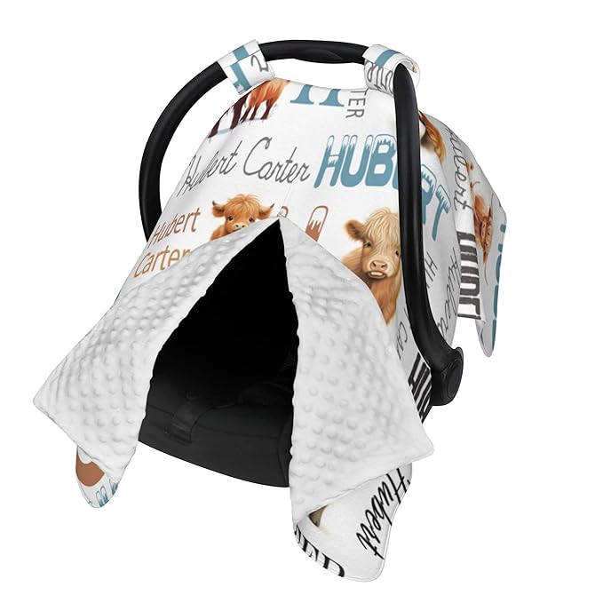 Personalized Highland Cow Carseat Cover for Baby Custom Name Car Seat Canopy for Newborn Baby Boys Girls 2 in 1 Mom Nursing Breastfeeding Covers Minky Baby Carrier Stroller Covers
