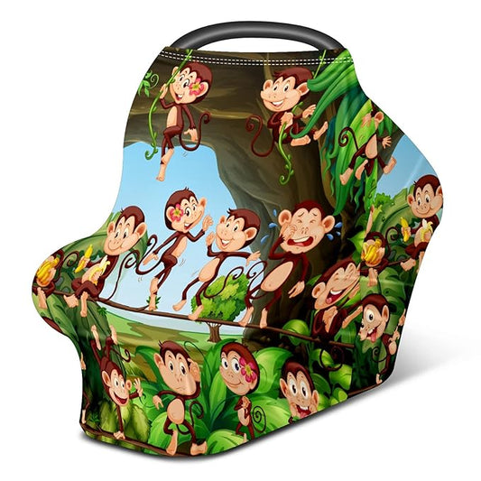 Baby Car Seat Stroller Covers Forest Cute Monkeys Nursing Cover Breastfeeding Scarf Soft Breathable Stretchy Infant Car Canopy Coverage Carseat Cover for Boys and Girls Multi Use