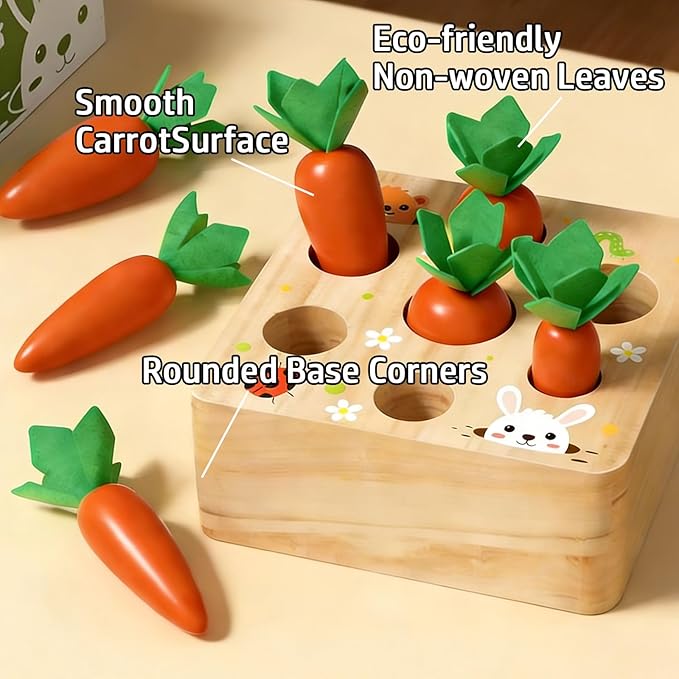 Montessori Toys for 1 Year Old – Wooden Carrot Shape Sorting Puzzle, Sensory Learning Toy for Toddlers, Size Matching & Fine Motor Skills Development, Educational Gift for Boys & Girls