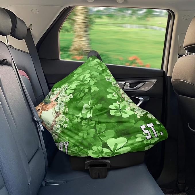 Wanyint Baby Car Seat Cover Cute Carseat Canopy for Babies Boys Girls Multi-Use Nursing Breastfeeding Covers Nursing Scarf for Saint Patrick's Day Decor, Highland Cow Clover Retro