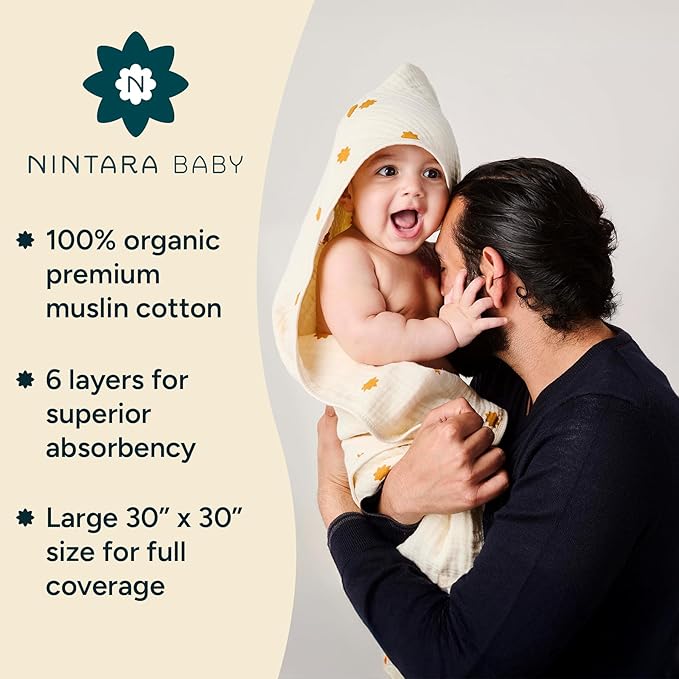 Hands-Free Hooded Towel - 100% Organic Premium Muslin Cotton, 30" x 30", Ultra-Absorbent, Soft, Breathable, Hypoallergenic, Multipurpose, Gifts for Babies & Infants, Pack of 2