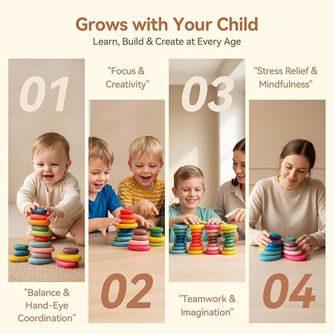 OESSUF Extra-Large Stacking Rocks for Toddlers 1-3, 16 PCS Wooden Montessori Toys, Safe Smooth Jumbo Balancing Stones for Open-Ended Sensory Play, STEM Building Blocks for Boys & Girls