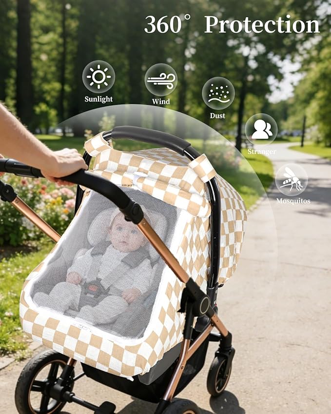 DILIMI Car Seat Covers for Babies, Muslin Cotton Baby Car Seat Cover with Breathable Mesh Window, Summer Infant Car Seat Canopy for Boys Girls Newborn, Brown Plaid