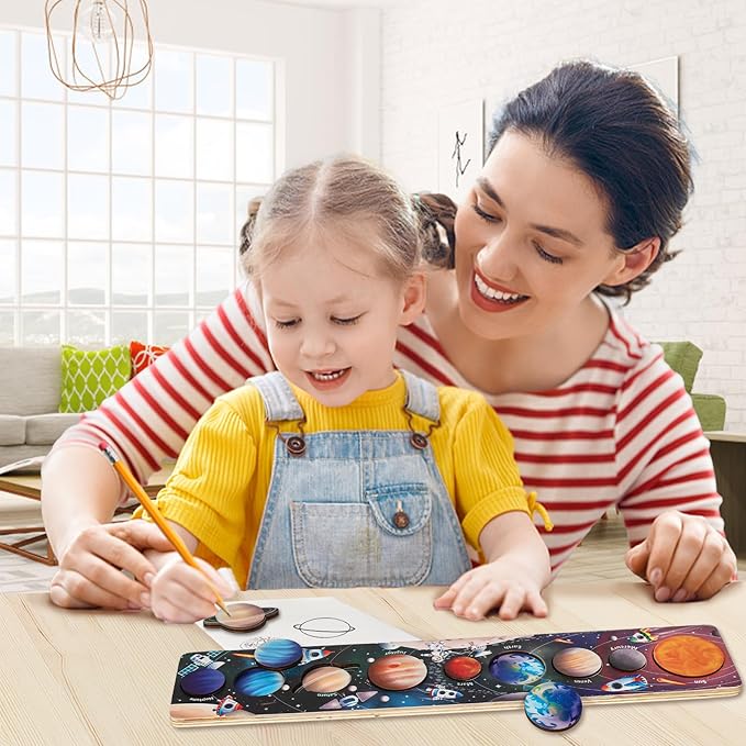 Zeoddler Solar System Toys for Kids 3-6, Wooden Space Puzzle, Planets for Kids, Preschool Learning Activities, Gift for Boys, Girls