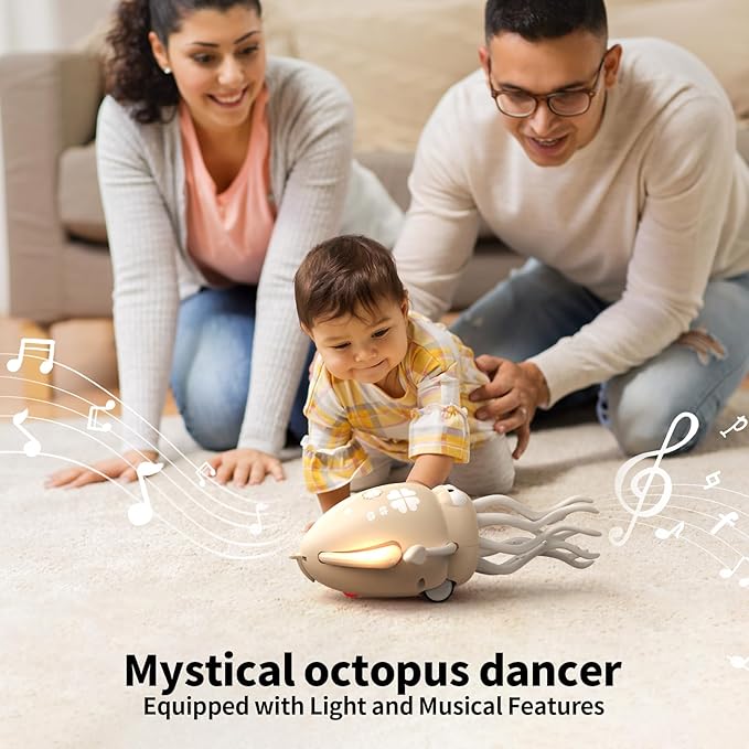 Electric Dancing Octopus Toy with Led Light and Music, Kids Electric Crawling Octopus Tummy Time Toys, Rechargeable Interactive Sensory Toy, for Christmas Birthday Gift (White)