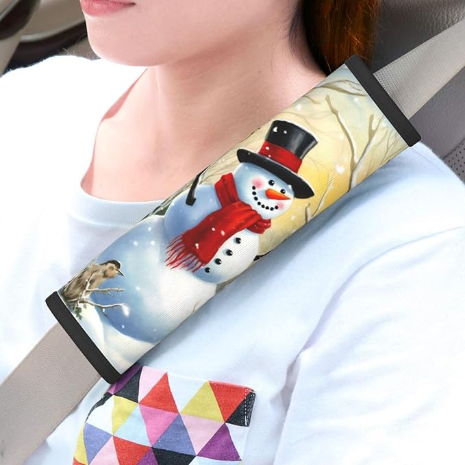 Birds Snowman Winter Seat Belt Cover Fits Cars Trucks SUV Sedans Sweat Absorption Car Seatbelt Strap Cover, Christmas Snowflake Auto Interior Accessories Protector