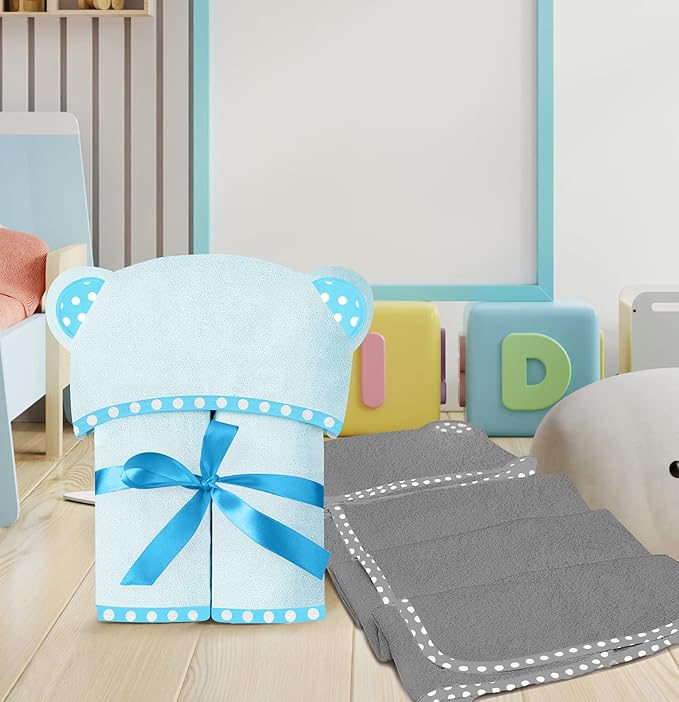 Set of 2 Hooded Baby Towels – Blue and Grey – Luxurious, Large and Super Absorbent – 30 x 30 Inch – Soft and Suitable for Infants, Toddlers and Kids – 400 GSM