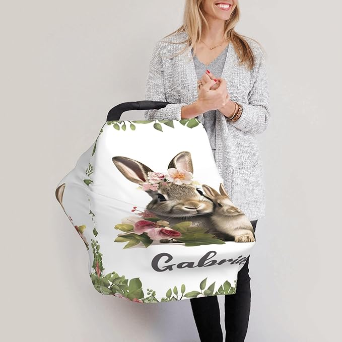 Personalized Car Seat Covers for Babies with Name – Multi-use Breastfeeding Cover Custom Rabbit Carseat Canopy Cover, Infant Stroller Covers for Boys and Girls