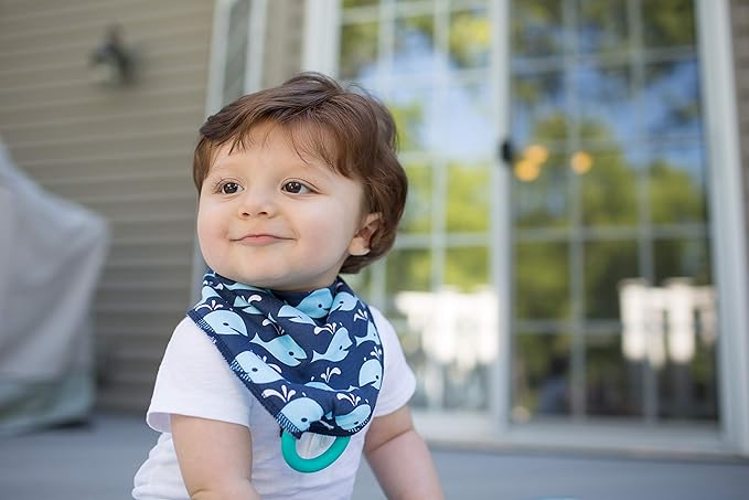 Dr. Brown's Super Soft & Absorbent Baby Bandana Bib with Snap-On Teether, 3m+, 2-Pack, Navy Whales & Anchors