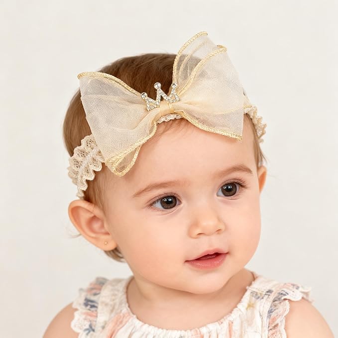 Baby Girls Hairbands bows Headband Stretchy Soft Flower Hairband Toddler Handmade Headbands with Pearls Elastic Headband for Infant Toddler Girl Hair Accessories (Beige Bow, Elastic)