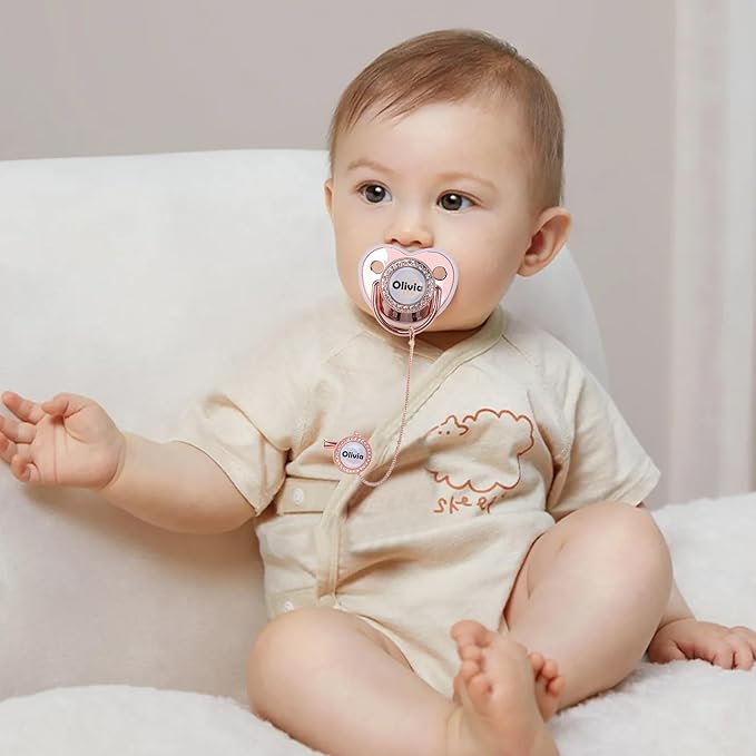 Personalized Pacifier with Name, Customized Pacifier Clip Set with Gift Box, Glitter Crystal Luxurious Soother Dummy Ideal Gift for Boys Girls Baby Shower(Gold)
