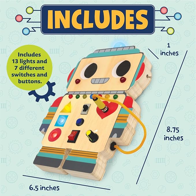 Peaceable Kingdom Blinkity Bot Light Up Busy Board for Toddlers Montessori Wooden Toy