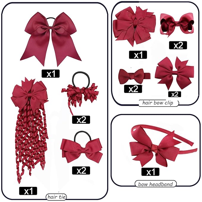 School Hair Accessories Set 14 Pcs Uniform Hair Bow Headband Clips Hair Ties Curly Korker Bows for Little Toddler School Girls (Burgundy)