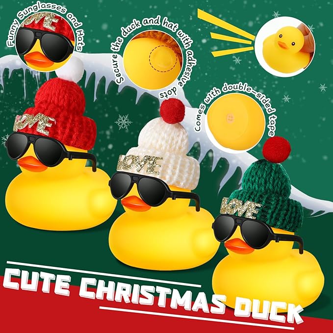Chivao 12 Pcs Mini Rubber Ducks with Sunglasses/ Glasses and Hats/ Necklace, Cruise Rubber Ducks in Bulk Valentine Gift Small Bathtub Toy for Hiding Party Favor(Love Style,Yellow)