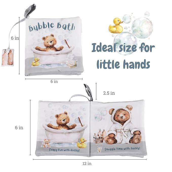 Ali+Oli Baby Cloth Book – Soft Sensory Crinkle Book with Teether for Infants 0-12 Months – Early Learning Touch & Feel Tummy Time Toy – Newborn Shower Gift for Boys & Girls - Bubble Bath