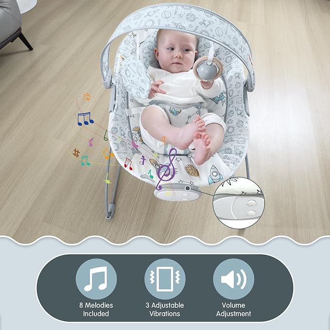 Portable Baby Bouncer Seat with 8 Melodies, 3 Vibration Levels & Adjustable Volume, Foldable Infant Bouncer Rocker with Safety Harness for Baby 0-6 Months, Indoor & Outdoor Use BR2403