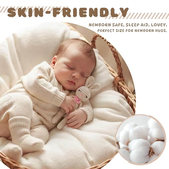 Moyii Handmade Crochet Bunny Baby Rattle - Soft Cotton Amigurumi Sensory Shaker Toy for Newborns & Infants - Easy Grip Lovey Sleep Toy & Neutral Nursery Decor Shower Gift