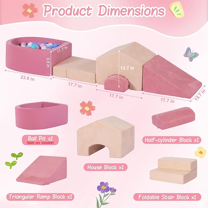 5-Piece Foam Climbing Blocks for Toddlers 1-3,Mini House-Shaped Soft Play Set with Ball Pit,Infant Crawling and Tumbling Play Gym with Ramp and Play Mat,Aesthetic Room Decor,Pink & Beige