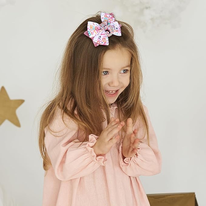 4" Glitter Happy Birthday Hair Bow Clips for Girls Ages 1-6, Pink Ribbon Cheer Bow Barrettes Alligator Hairpins, Confetti Ice Cream Party Dress Accessories, Her 5th Birthday Gift